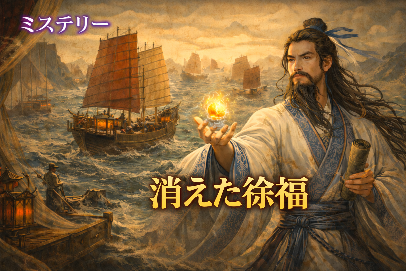 始皇帝の命で不老不死の丹薬を求め航海し姿を消した徐福の中国風イラスト