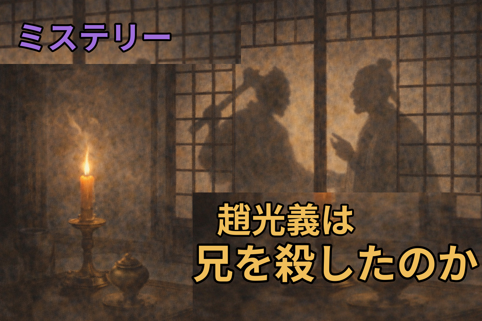 斧声燭影の場面を描いた中国風イラスト。夜の室内で障子越しに2人の男の影が映り、趙光義による兄殺し疑惑を象徴するミステリアスな情景。