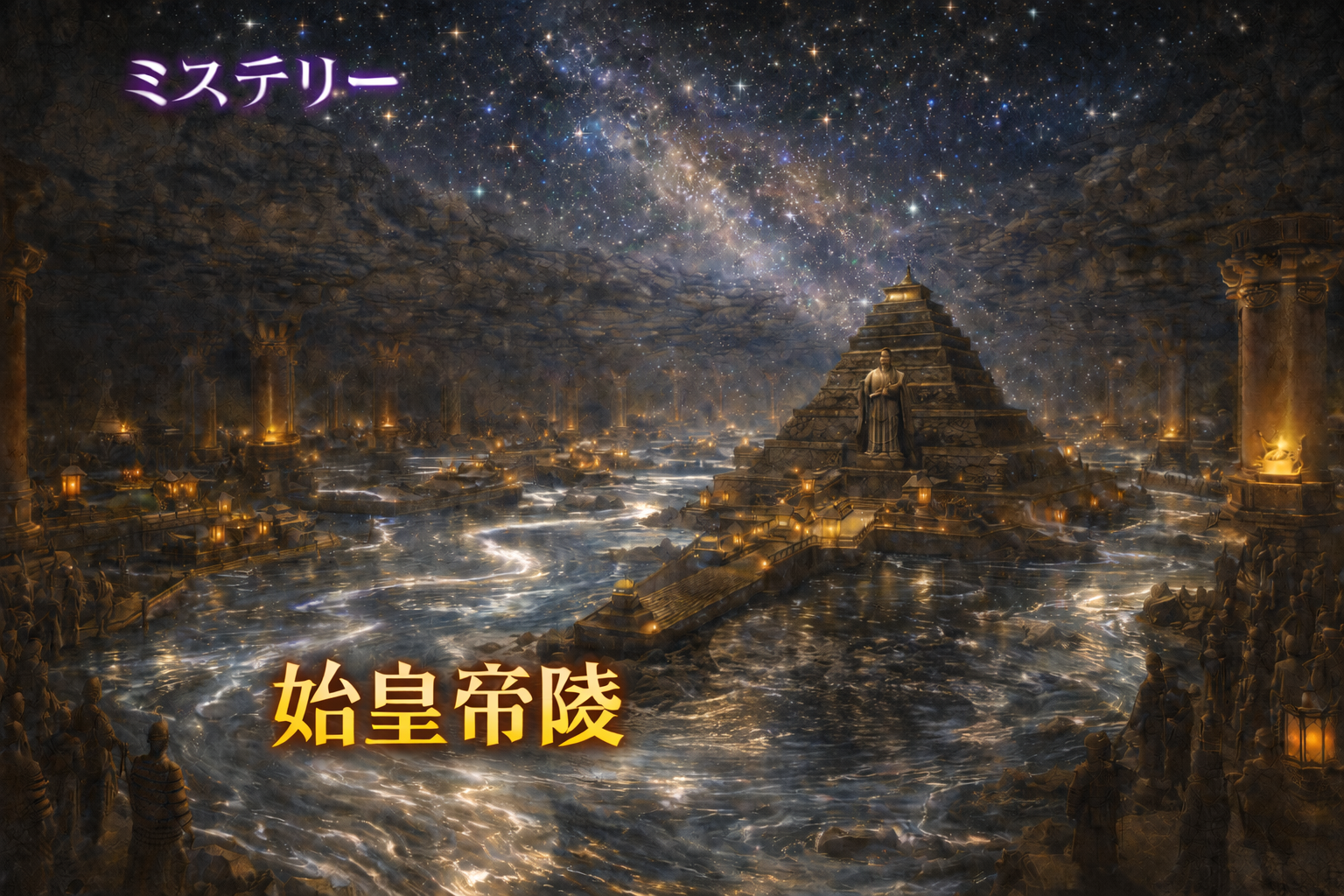 未発掘の謎に包まれた始皇帝陵の地下宮殿（水銀の川と星空天井の再現イラスト）