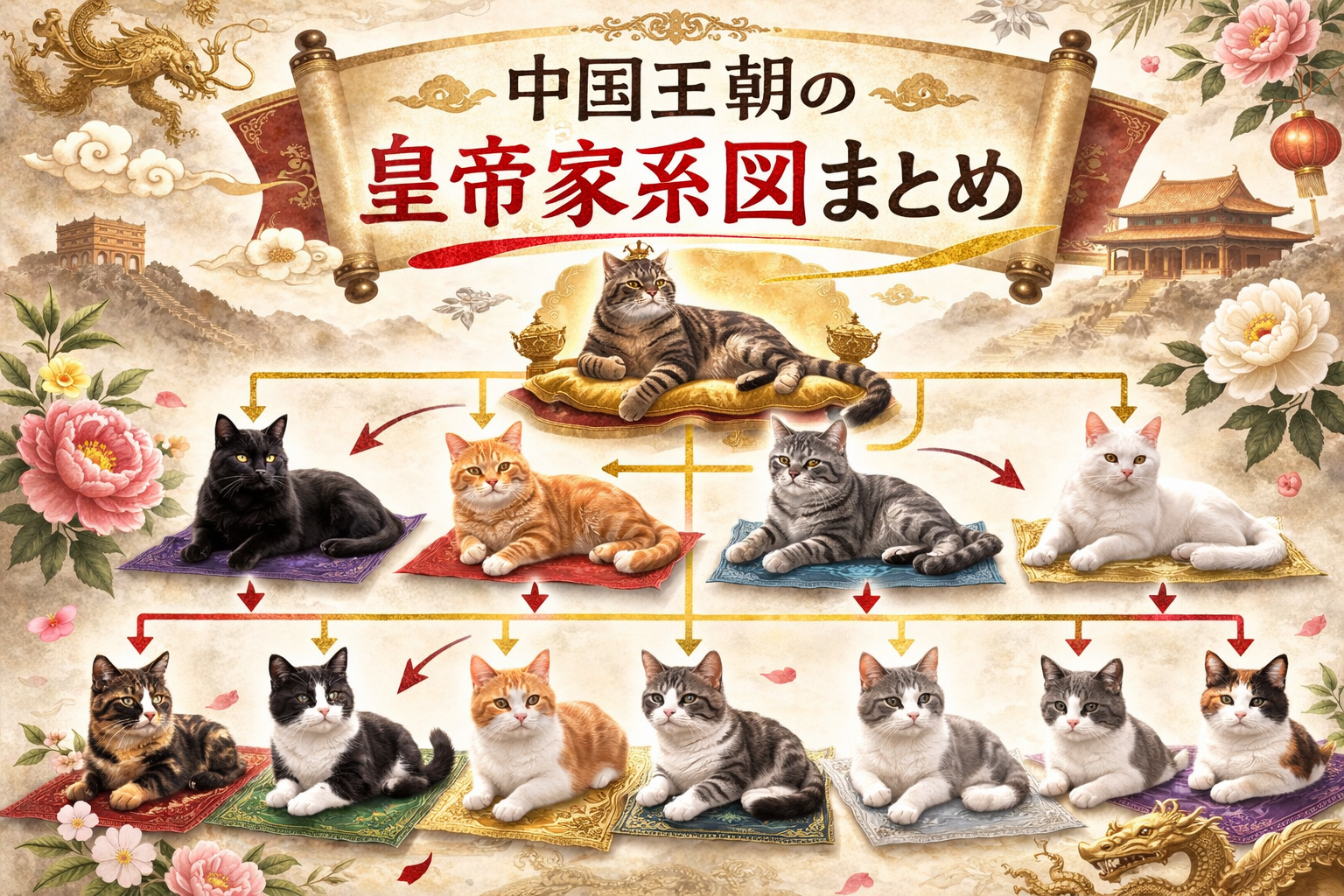 中国王朝の皇帝家系図を猫イラストで表現した一覧図（秦・漢・唐・宋・明・清）