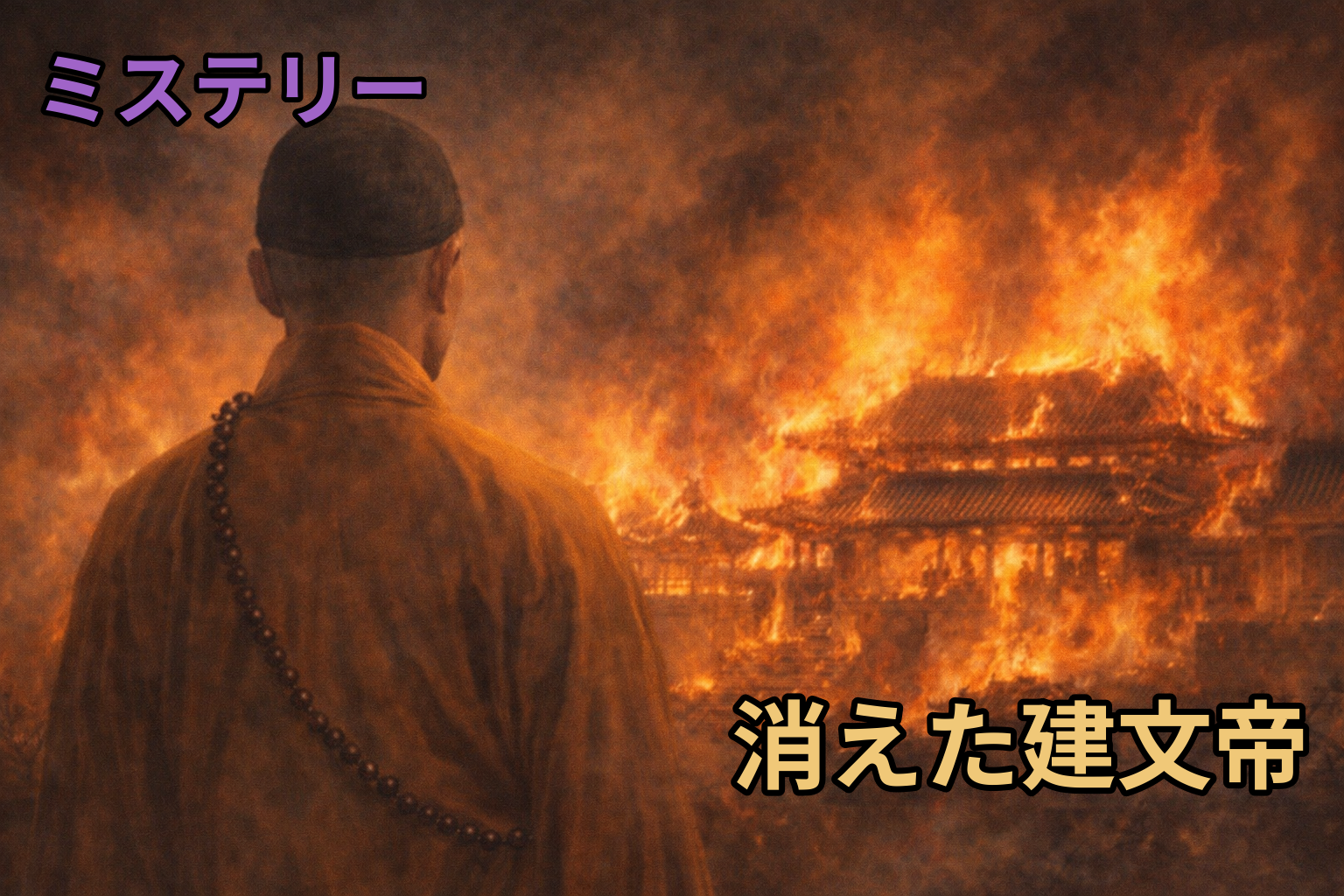 建文帝失踪のミステリーを描いた中国風イラスト。炎に包まれる宮城を背に僧姿で立つ建文帝と「消えた建文帝」の文字が印象的な情景。