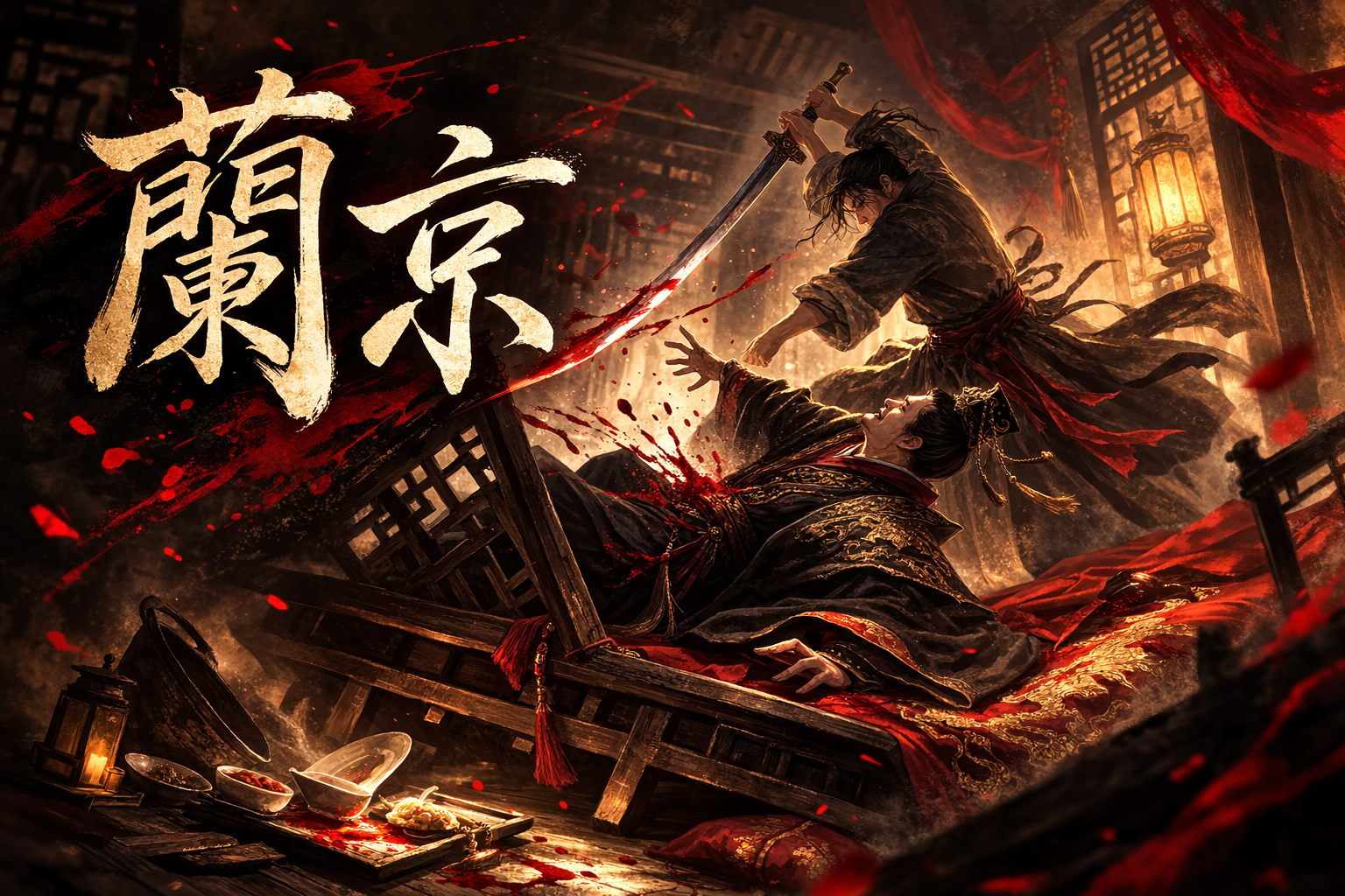 蘭京が高澄を暗殺する瞬間を描いた中国風イラスト。刀を振り下ろす蘭京と倒れ込む高澄、ひっくり返った牀と血しぶきが緊張感を演出する場面